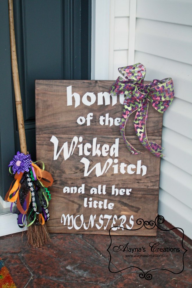 Wooden Halloween Porch Sign Home of the Wicked Witch and all her Little Monsters Double Sided
