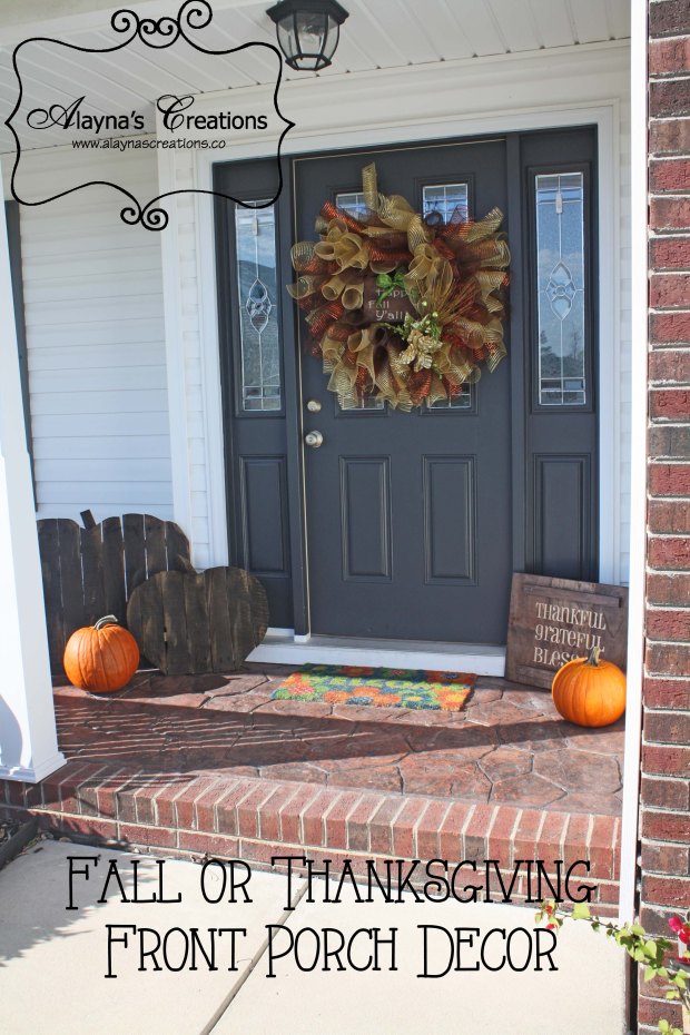 Fall and Thanksgiving Front Porch Decor includes wooden pallet pumpkins deco mesh wreath and double sided wooden sign for Halloween and Thanksgiving