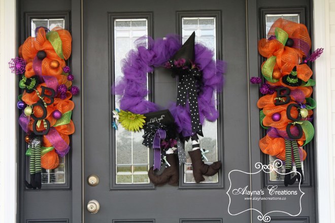 Witch Wreath and Boo Swags Front door wreaths for Halloween with deco mesh witches boots and witches hats in glittery fun fall colors
